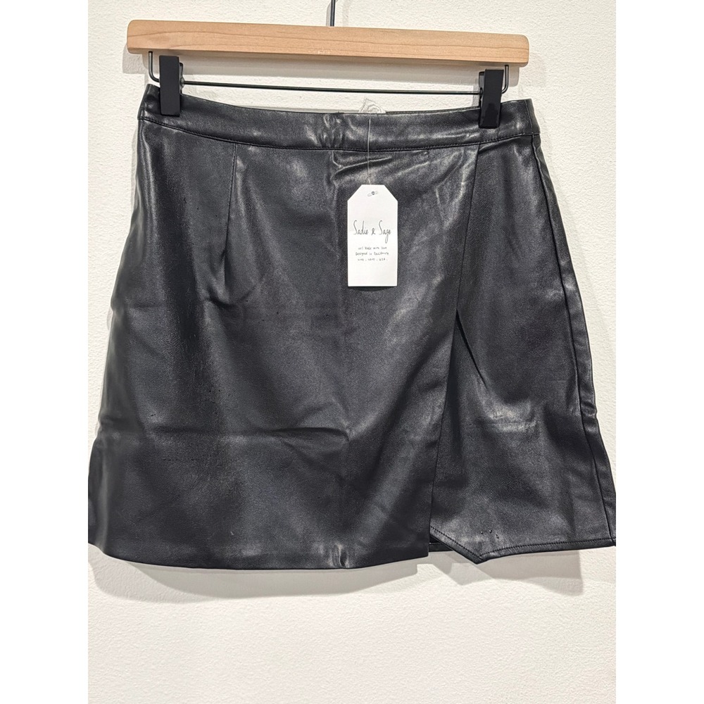 Sadie & Sage Black Faux Leather Wrap Mini Skirt Asymmetrical Hem Size Small NWT